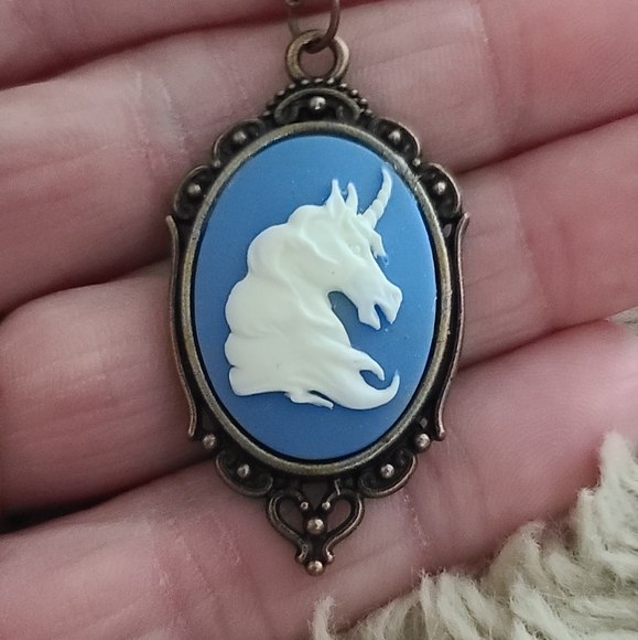 Blue and White Unicorn Cameo Pendant Necklace - Picture 1 of 7